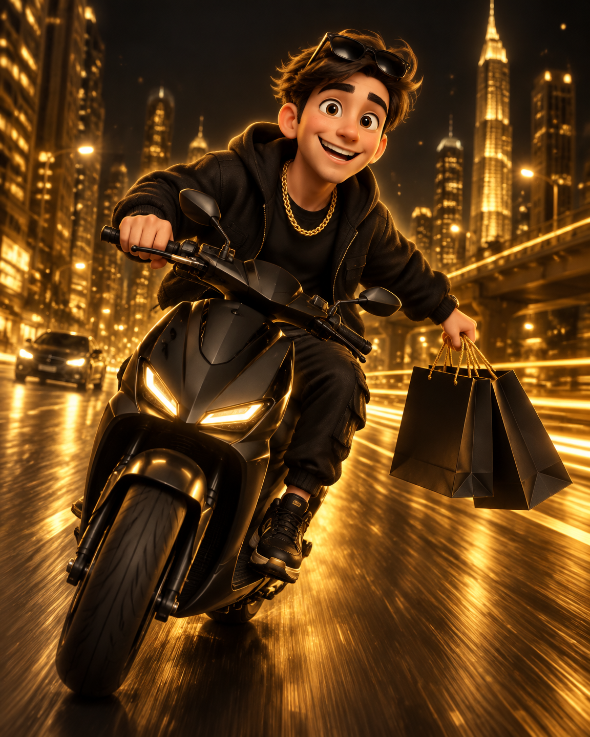 Mascotte GkLuxe en tenue de luxe sur scooter